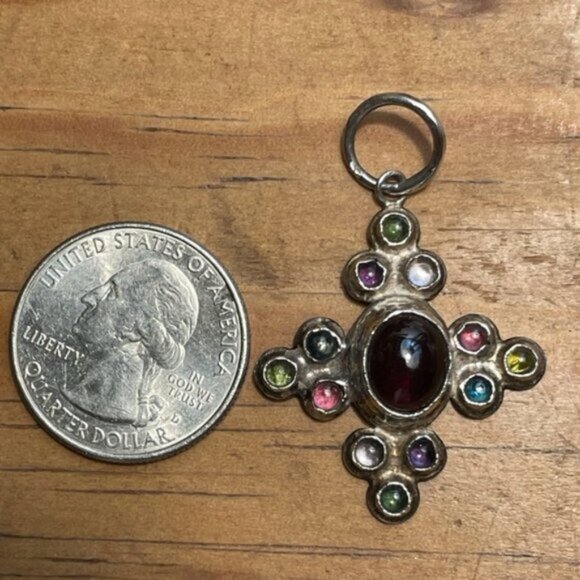 Silver Cross Multicolored Stone Cross Pendant - Picture 4 of 5